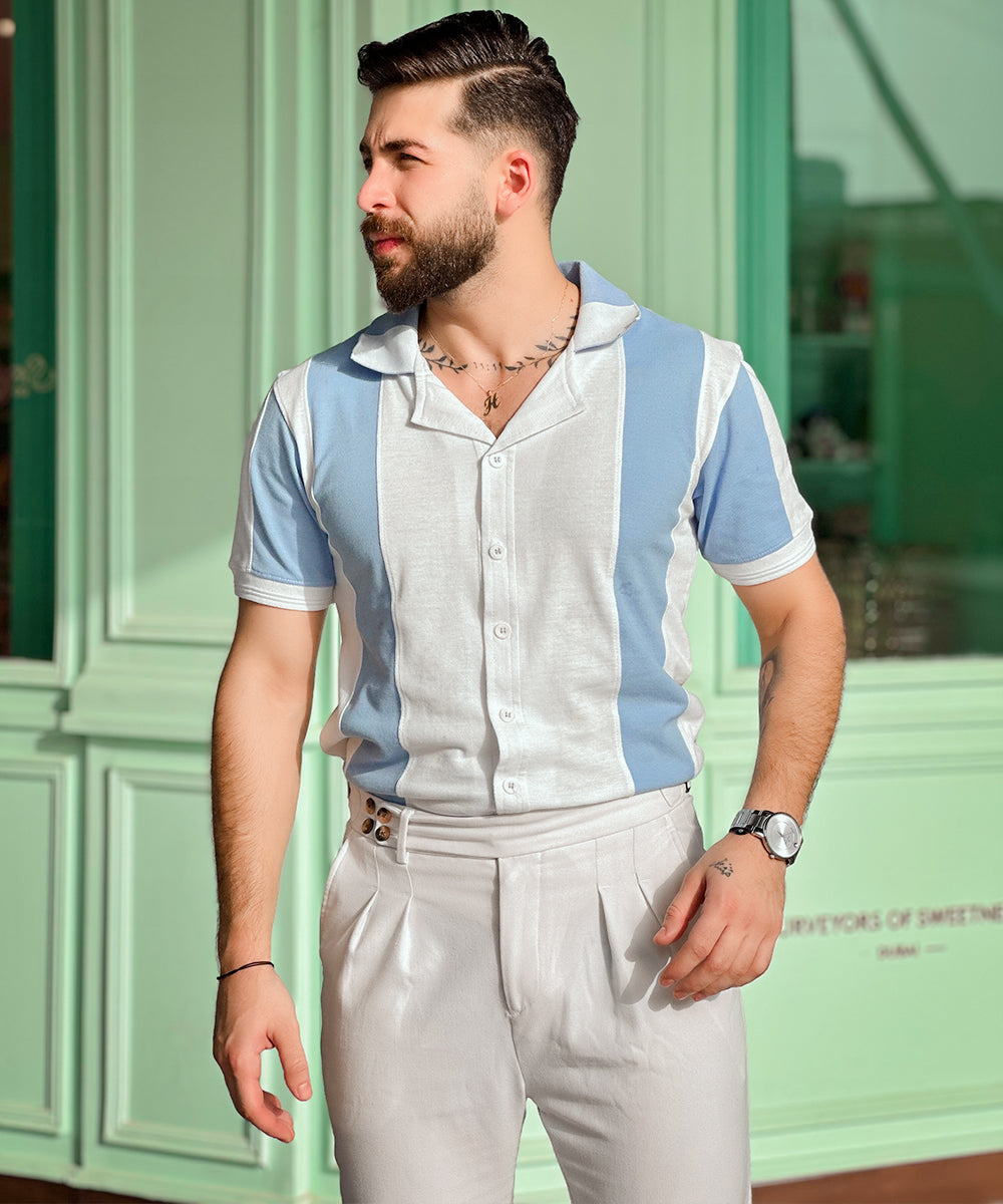 Coastal Breeze Men Blue & White Cuban Collar Polo